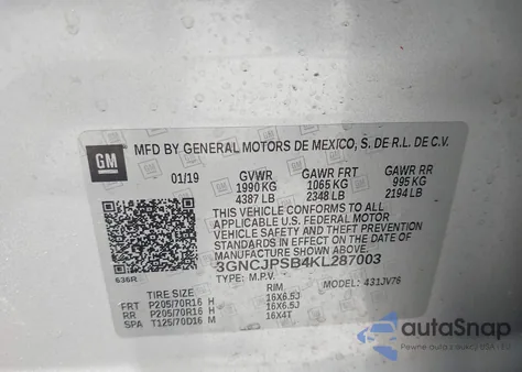 2019 Chevrolet Trax Lt from USA, damaged, VIN 3GNCJPSB4KL287003